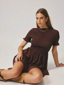 Aralina Women's Casual Solid Color Short Sleeve Ruched Front Dress - Brown - View 9