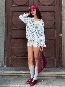 MainGRL 2件套 女士波点印花休闲长袖卫衣和短裤套装 - 黑與白 - 查看 5