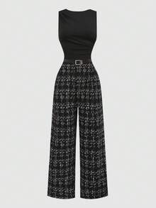 少女连体衣和连身裤 海军蓝褶皱阔腿宽松连身裤配腰带，休闲风格 - 黑色 - 查看 9