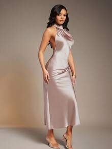 L'Amorae Women Halter Neck Satin Midi Dress, Elegant Wedding Guest, Prom, Occasional Dress - Dusty Purple - View 4