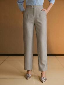 MOTF PREMIUM WOMEN'S CLASSIC HERRINGBONE PATTERN ELASTIC WAIST SKINNY CARROT PANTS, SPRING/SUMMER - Khaki - View 4