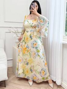 Modelyn Đầm dài in hoa thanh lịch cỡ lớn - Màu xanh lam - Xem 4