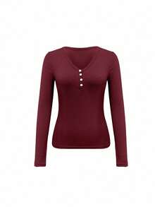 INAWLY Women's Plus Size V-Neck Ribbed Button Decor Daily Versatile Long Sleeve T-Shirt - Multicolor - View 5
