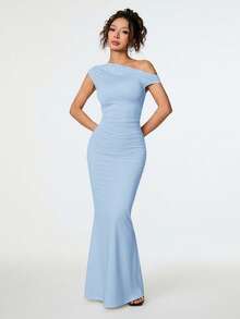 SHEIN PETITE 夏季服装、日常约会及旅行穿搭、派对穿搭、优雅女士内衣、外出穿搭、斜肩不对称超长鱼尾连衣裙、夜店女士穿搭、约会穿搭、宴会礼服 - 淺藍色 - 查看 6