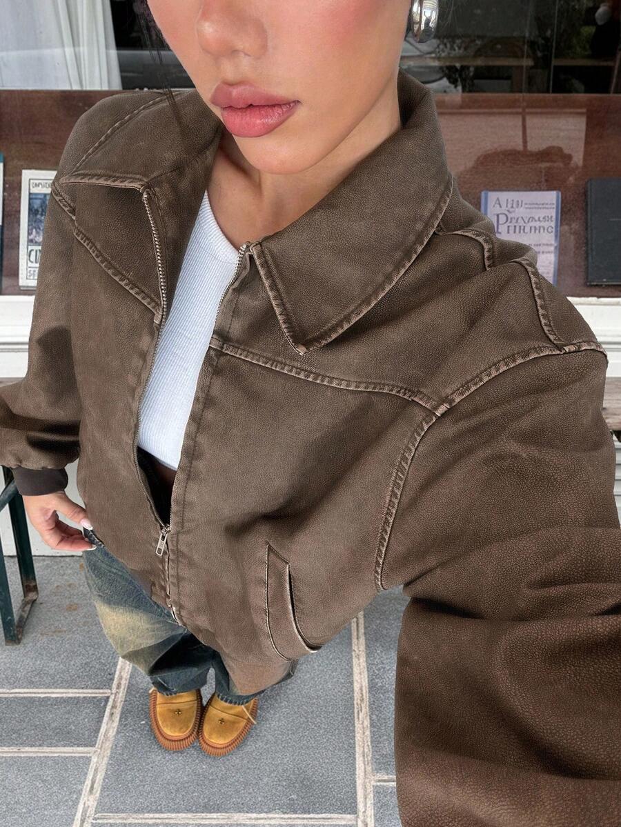 SHEIN EZwear Vintage Washed Snowflake Textured PU Leather Jacket, Autumn - Bronze - View 1