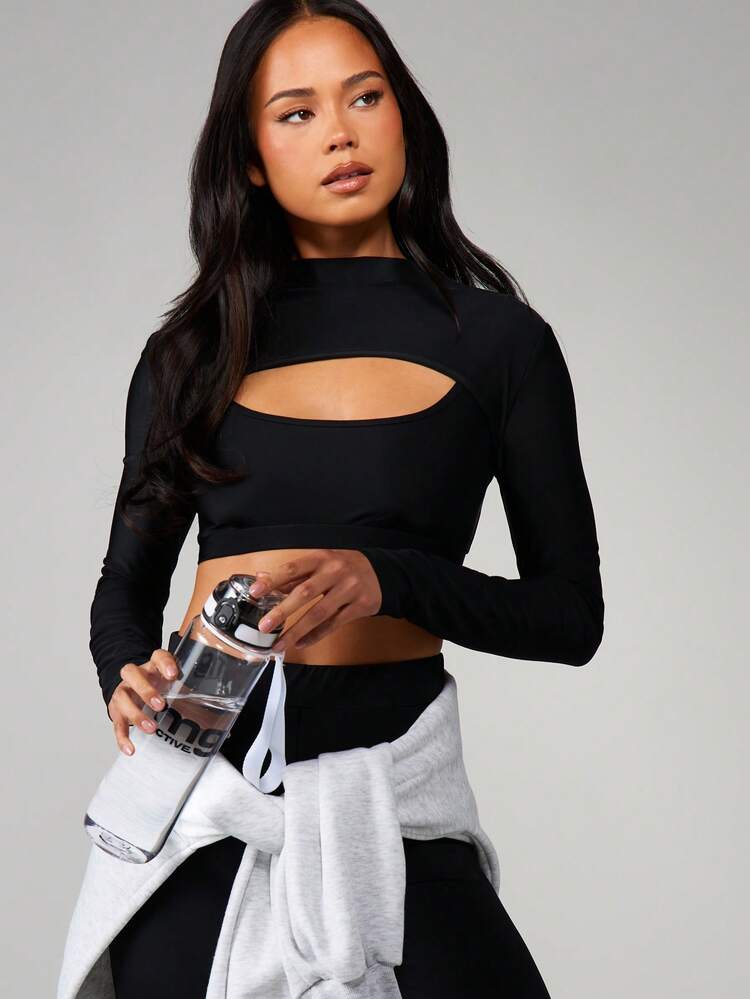 MISSGUIDED Double Layer Long Sleeve Cutout Bra Detail Crop Top High Neck Fashion Pullover Fall Winter Style