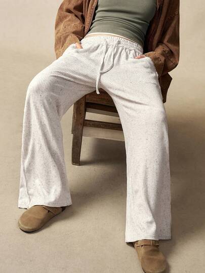 Bohemela Women's Casual Solid Color Knit Loose Wide Leg Pants White