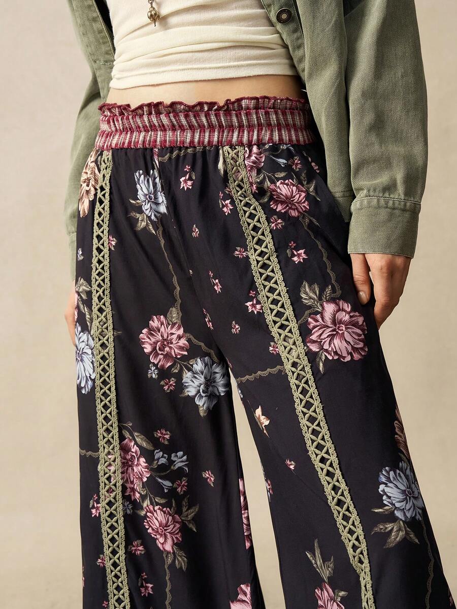 Bohemela Women's Casual Loose Fit Plaid Patchwork Wide Leg Pants - Black - View 1