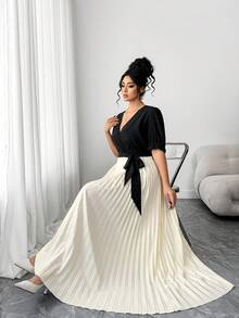 Elenzga Plus Size V-Neck Bow Tie Waist Colorblock Pleated Maxi Skirt Set Plus Elegant Dress Pleated Skirt Set Long Skirt 2 Piece Maxi Dress Elegant Pleated Dresses For Women - Black and White - View 7
