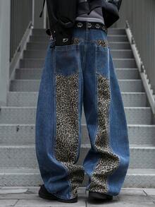 Manfinity EMRG Leopard Print Patchwork Pocket Casual Wide Leg Jeans - Blue - View 2