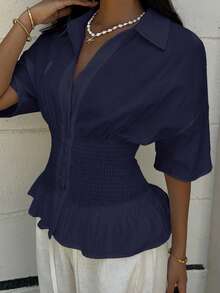 SHEIN EZwear Marinblå vävd kortärmad skjorta med samlad midja för kvinnor - Marinblå - Visa 5