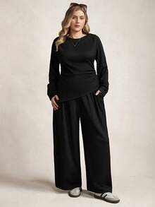 Zelara Plus Size Women 2-Piece Set: Casual Solid Color Knit Asymmetric Hem Waist Ruched T-Shirt And Wide Leg Pants, Suitable For Spring And Autumn Daily Commute Black Top Black Blouse Id AI-Adha Spring Outfit Women Spring Break Outfits