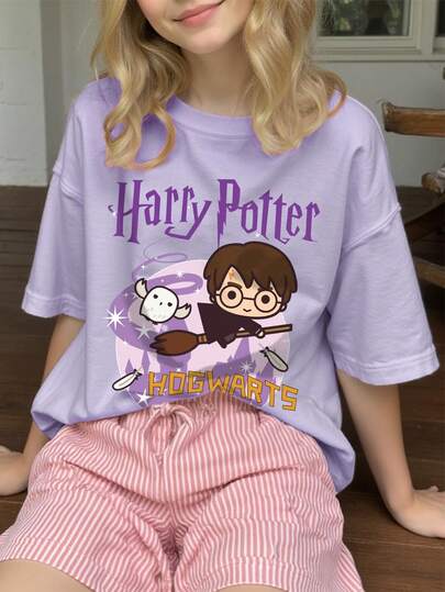 HARRY POTTER X SHEIN Tween Girl Casual Cartoon & Letter Graphic Short Sleeve T-Shirt, Suitable For Summer