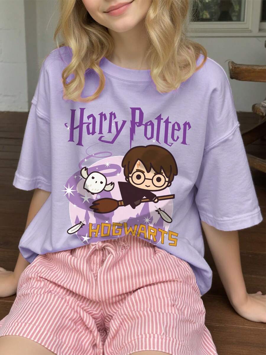 HARRY POTTER X SHEIN 青少年女孩休闲卡通字母图案短袖T恤，适合夏季 - 淡紫色 - 查看 1