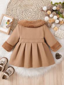 Souflis Souflis Baby Girls' Solid Color Fluffy Lapel 3D Bow Wool Blend Dress Coat. The Collar And Cuffs Are Made Of Fluffy Fabric, Fashionable And Generous; The Solid Color Buttons On The Placket Are Simple And High-End; The 3D Bow At The Waist Is Cute - Brown - View 2