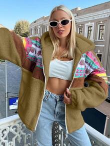 EURMUSE Ladies' Hooded Printed Plush Jacket - Camel - View 6