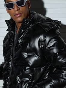 Modcrash 男士亮面立领防风长袖可拆卸连帽纯色休闲羽绒服，秋冬季保暖，复古美式，男女通用，宽松版型夏季服装——适合日常穿着和夏季度假穿着。 - 黑色 - 查看 6