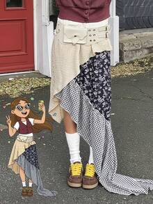 Modviera Women's Plaid Patchwork Digital Print A-Line Skirt - Multicolor - View 1