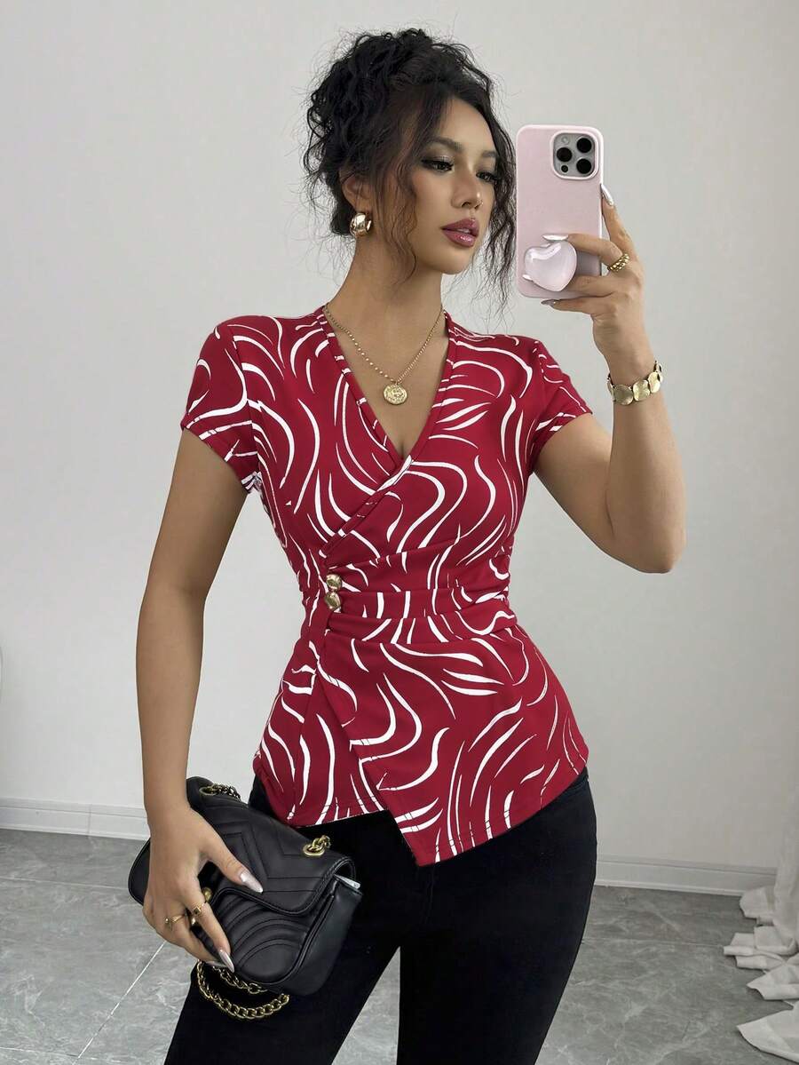 Elenzga Áo cánh xếp ly tay lửng trang trí kim loại thanh lịch dành cho nữ, thích hợp cho đi làm hàng ngày, đi chơi, hẹn hò, áo nỉ Halloween, trở lại trường, lễ Tạ ơn - Đỏ - Xem 1