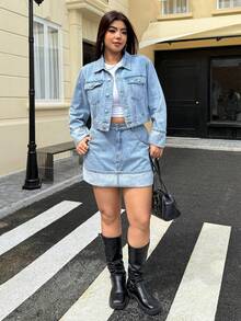 SHEIN ICON Áo khoác denim cổ tay cuộn cổ điển cỡ lớn - Rửa nhẹ - Xem 7