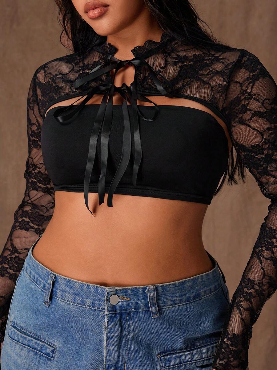 Rustia Top scurt din dantelă neagră, mărime plus, asortat cu bluză, semitransparent, versatil, mânecă lungă, legături în față, top scurt la modă