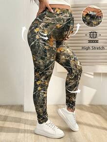 SHEIN 春季女装孕妇秋季休闲时尚街头度假风全印花可调节高腰打底裤高弹力打底裤运动服 - 綠色 - 查看 1