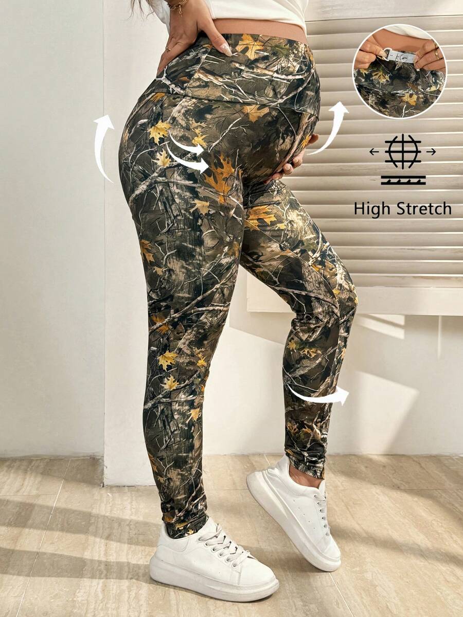 SHEIN 春季女装孕妇秋季休闲时尚街头度假风全印花可调节高腰打底裤高弹力打底裤运动服 - 綠色 - 查看 1