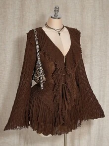 SHEIN ICON 大码女式棕色荷叶边喇叭袖上衣和中长裙时尚套装 - 巧克力棕 - 查看 4