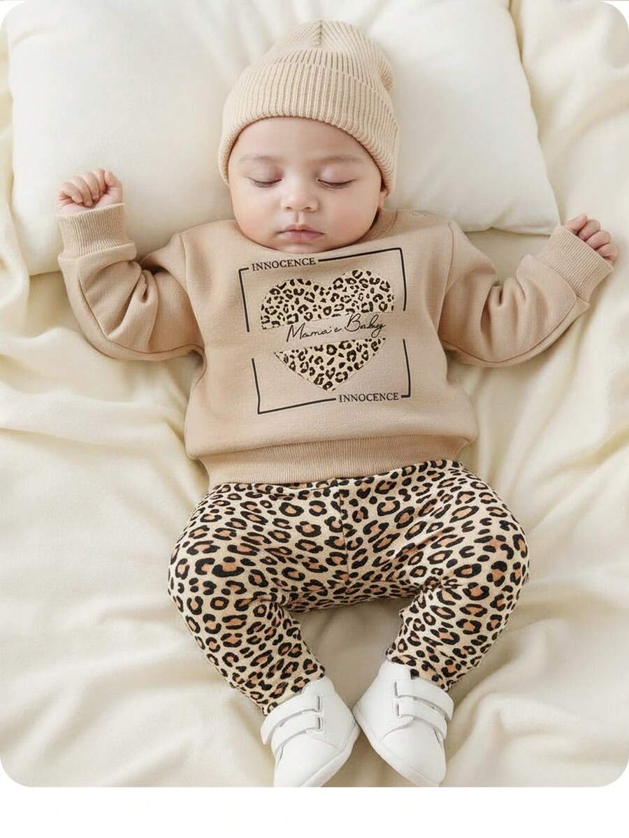 Newborn Baby Girl Leopard Print Long Sleeve Sweatshirt And Pants Set, Autumn/Winter - Khaki - View 1