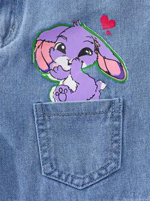 SHEIN ChillGRL Quần denim liền thân có túi và họa tiết thỏ dành cho bé gái tuổi teen, quần dài thường ngày phong cách đường phố cổ điển, dáng rộng thoải mái, cạp chun co giãn thoải mái, thích hợp mặc hàng ngày, đi học, đi nghỉ, đi chơi - Rửa trung bình - Xem 5