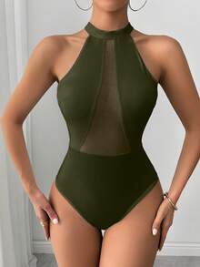 Glamine Mesh Patchwork Halter Backless Sheer Bodysuit - Olive Green - View 6