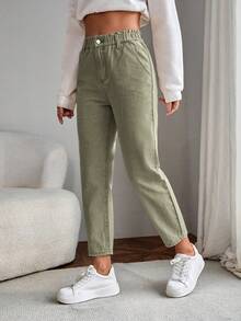 EMERY ROSE Paperbag Waist Straight Leg Jeans - Army Green - View 6