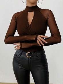 Rafferiza Women's Solid Color Raglan Sleeve Keyhole Neck Fitted Fashionable Mesh Panel T-Shirt See Through Top Dark Brown Top Brown Long Sleeve Top Women's Brown Top - Brown - View 3