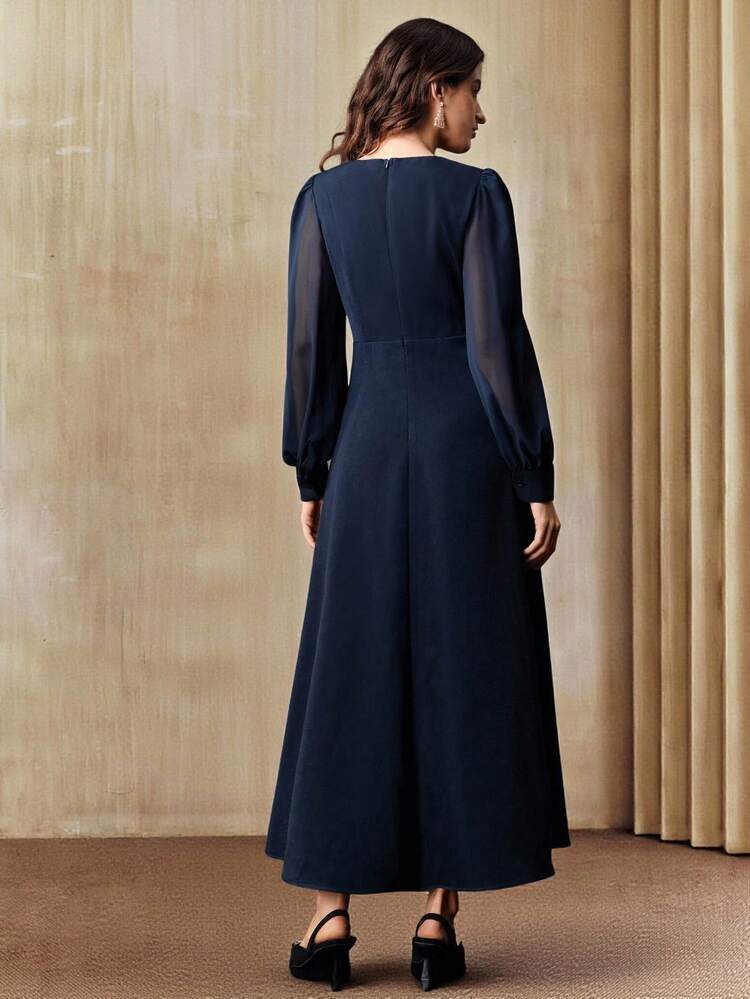 Women's New Elegant Long Dress, Navy Blue 3D Floral Pleated Fitted Business Casual Outgoing Party Date Wedding Gown, Winter Clothing