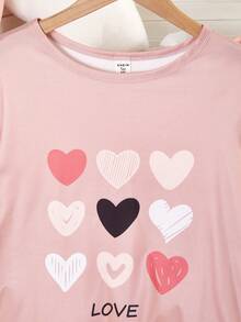 SHEIN Valentine's Day  2pcs/Set Teen GirlPink Heart & Letter Print Pajama Set, Long Pants & Long Sleeve, Comfortable Loungewear - Multicolor - View 5