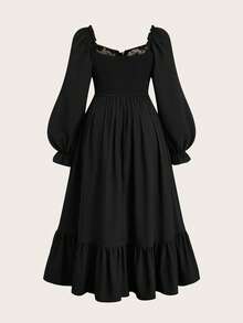 Sweetra 方领镂空长袖提花优雅中世纪复古公主宫廷镂空系带可爱派对A字长裙，适合大码女性 - 黑色 - 查看 2