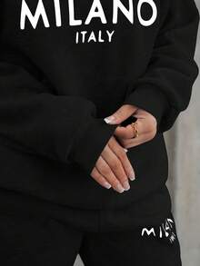 SAYEHFBABY MILANO Damen Lässig Buchstaben Muster Stehkragen Reißverschluss Halb-Reißverschluss Loose Langarm Fleece Sweatshirt und Hose Set, geeignet für Herbst/Winter Ausflüge, modisches Matching - Schwarz - Übersicht 3