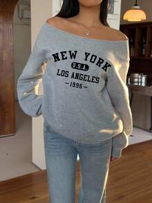 SHEIN EZwear Áo nỉ dài tay mỏng hở vai in họa tiết New York cho nữ, áo dài tay - Màu Xám nhạt - Xem 5