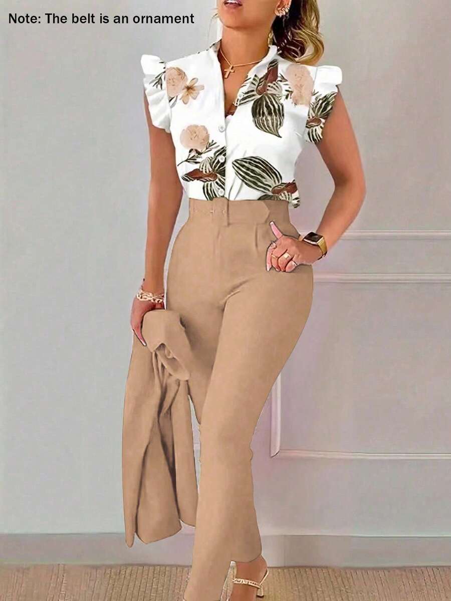 Xyvia Bộ 2 món áo tay bồng in hoa kèm quần dài xếp ly thường ngày cho nữ (thắt lưng trang trí) - Màu Khaki - Xem 1