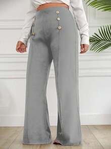 EURMUSE Plus Size Double Breasted Decorative Flared Trousers - Light Grey - View 4