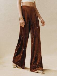 Arave Women's Velvet Wide-Leg Trousers With Sequined Pockets And Pleats, Elasticated Back Waist; Suitable For Modern Parties And Casual Everyday Wear.   Looks Rhinestone Pants Palazzo Pants Women Star Pants - Coffee Brown - View 5