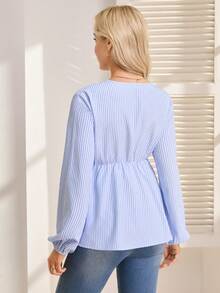 SHEIN Maternity Loose V-Neck Long Sleeve Flared Striped Casual Shirt - Blue and White - View 2