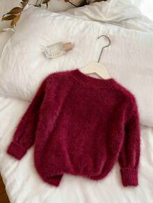 Genkimix Kids Young Girl' Soft Pink Sweater, Simple And Fashionable, Suitable For Autumn/Winter. Adorable For Christmas, New Year, Spring Festival And Other Holidays. Made Of High-Quality Yarn, Soft And Comfortable, Fine Knitting Craftsmanship, Not Easy To Pilling And Durable. Loose And Comfortable Round Neck Design, Easy To Put On And Take Off. Cropped Sweater Red Knit Sweater Fuzzy Sweater Red Sweater Red Cropped Sweater Shaggy Sweater Maroon Sweater Red Casual Sweater Short Sweater Red Fuzzy Sweater - Burgundy - View 2