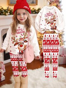 SHEIN Happikins Young Girls Christmas Sweatshirt And Leggings,Cartoon Rudolph Reindeer Snowflake Fair Isle Print Outfit For Autumn,Family Matching,New Year - Multicolor - View 3