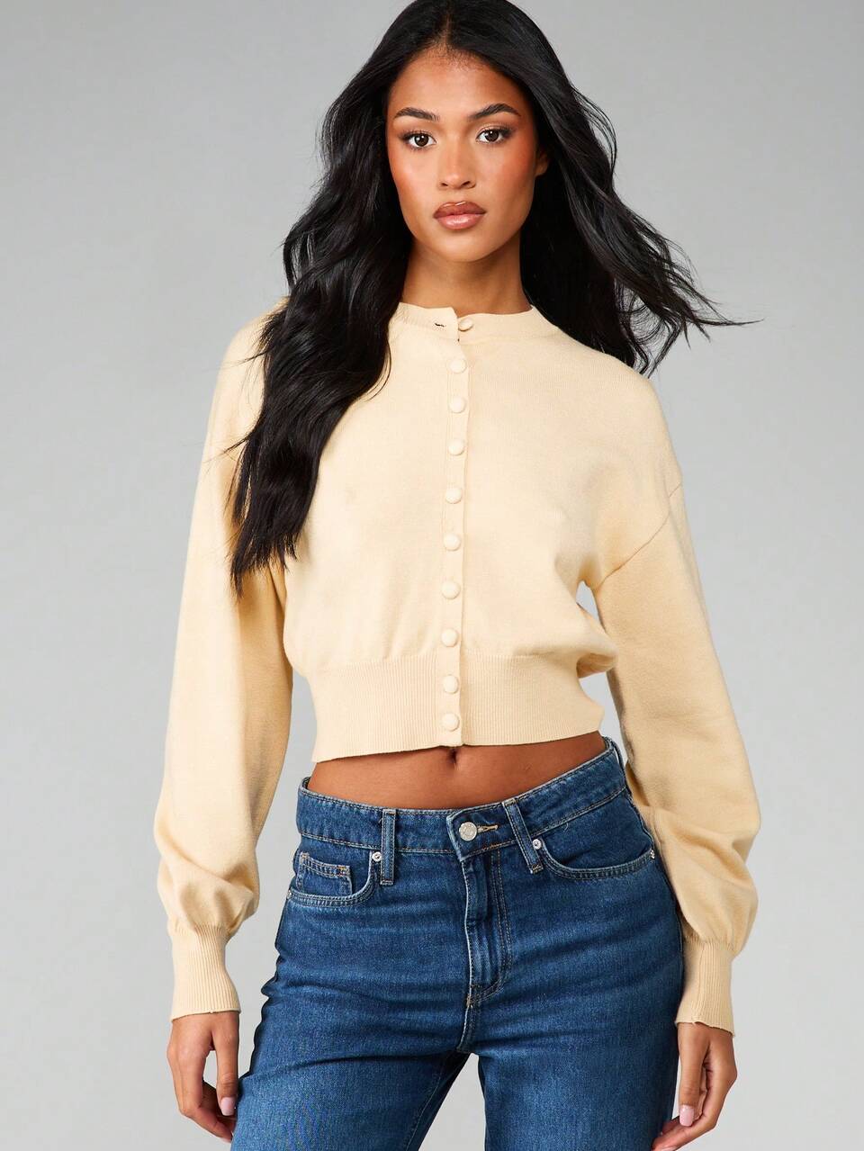MISSGUIDED Women's Cropped Button Down Cardigan With Balloon Sleeves And Cinched Waist Knit Sweater For Fall Winter Layering