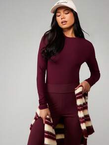 MISSGUIDED Women's Long Sleeve Crew Neck Bodysuit Fitted Solid Basic Top Fall Winter Essential Casual Everyday Wear Comfort Stretch Fabric Classic Style - Burgundy - View 5