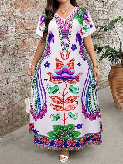 EMERY ROSE Plusstorlek damklänning med rund hals och kort ärm, elegant och lämplig för vardagsbruk