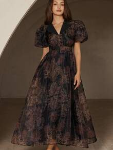 Aveloria Rosie 优雅复古欧根纱佩斯利花纹随机印花泡泡袖撞色下摆中长连衣裙，百搭精致，适合女性 - 彩色 - 查看 5