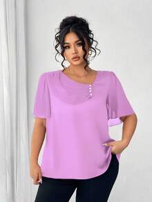 Elenzga 大码不对称荷叶边领纽扣装饰短袖优雅衬衫 - 淡紫色 - 查看 4