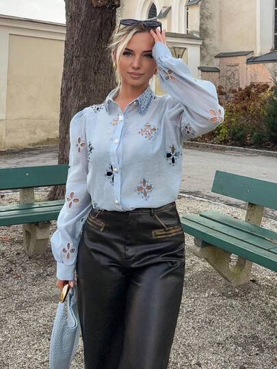 Jeta Ari Women Floral Lace Collar Rhinestone Hollow Long Sleeve Blouse, Spring For Women Summer Clothes